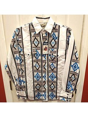 Wrangler Checotah Shirt Mens 34 White Blue Aztec Pearl Snap Western Long Sleeve